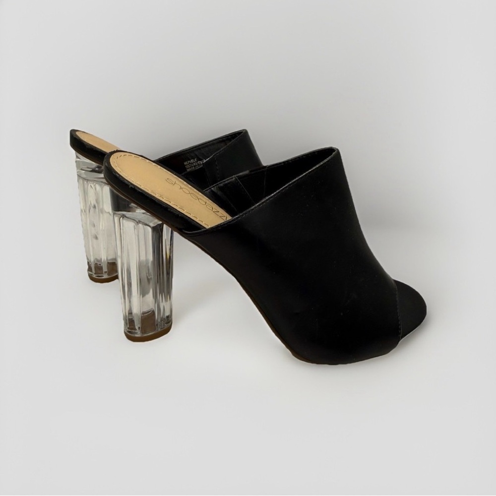 Shoe Dazzle Shoe Size 7 Open Toe Slip On Clear Heel Sandal Faux Leather mules